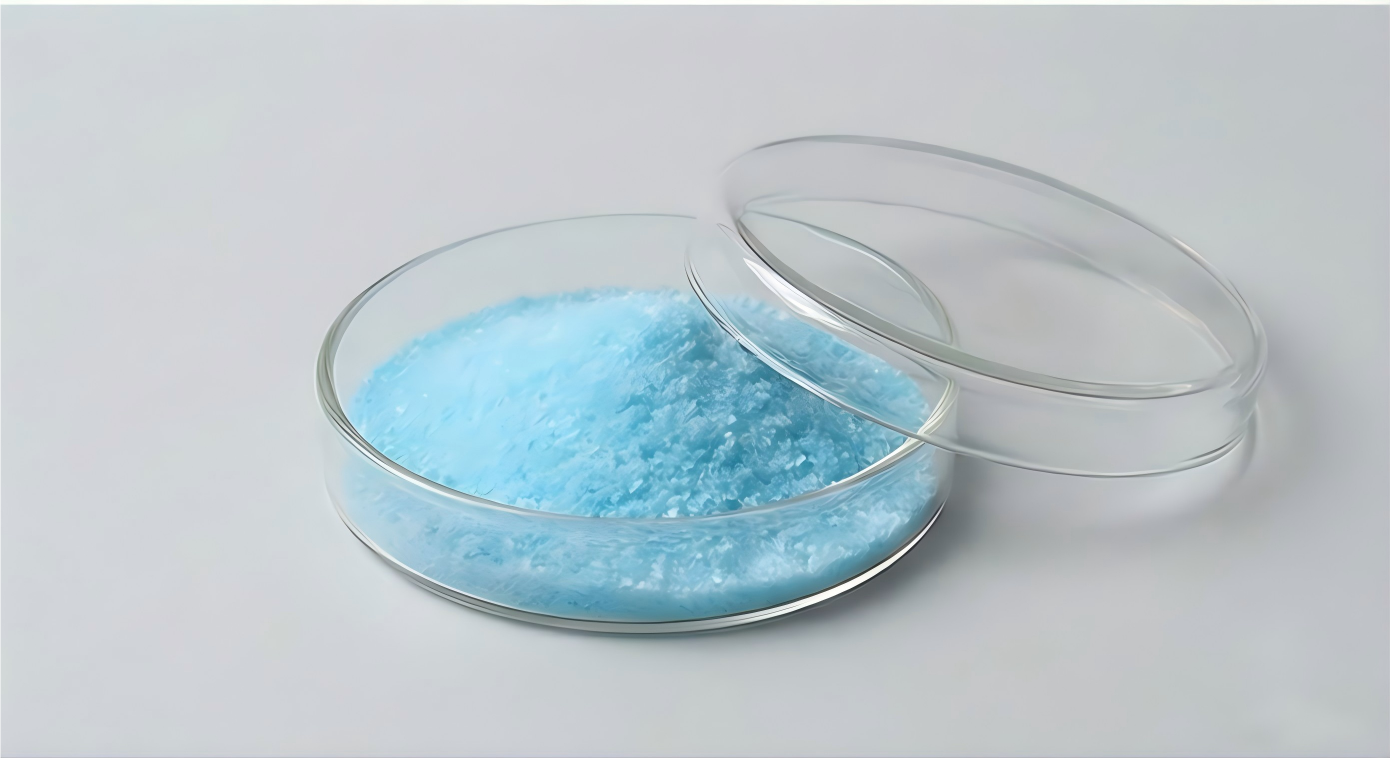 Copper gluconate blue crystals in petri dish